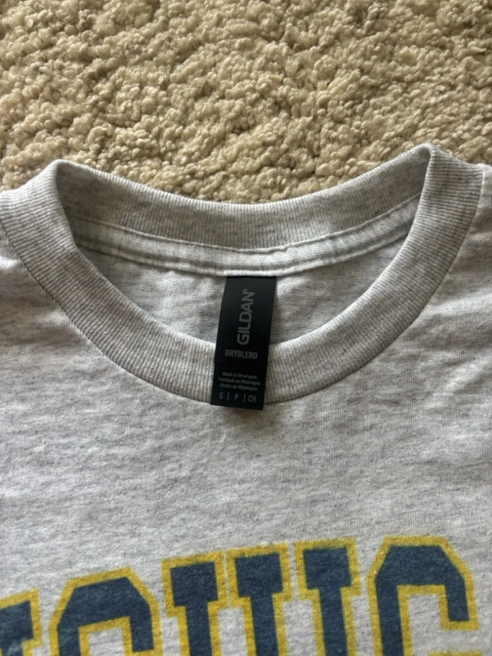 Gildan Heather Gray Tee with Navy and Yellow Michigan Arch - Picture 5 of 6
